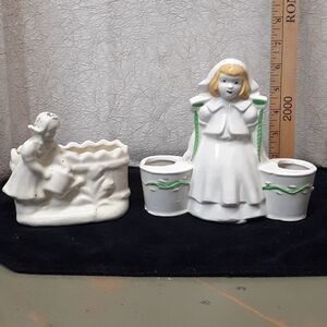 Vintage Dutch Girl Ceramic Toothpick Matchstick holder,Girl watering flower vase